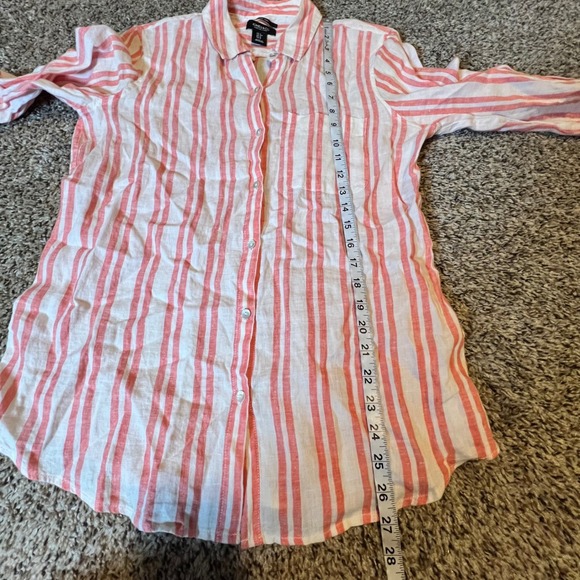 Jones & Co Linen Stripe Button Down Shirt Women Size S Red White Roll Tab Sleeve - Picture 6 of 7